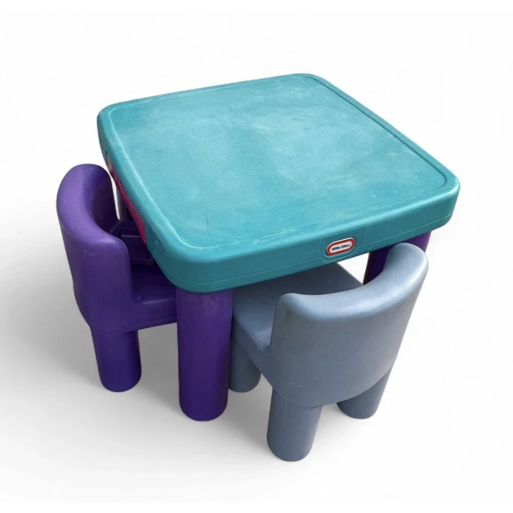 Vintage Little Tikes Kids Activity Table 2 Chairs Teal Purple Pink Drawer